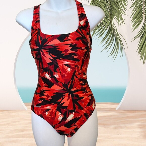 Speedo Red Swimsuit Racing Competitive Team 6 Geometric Racer Back - Picture 1 of 5